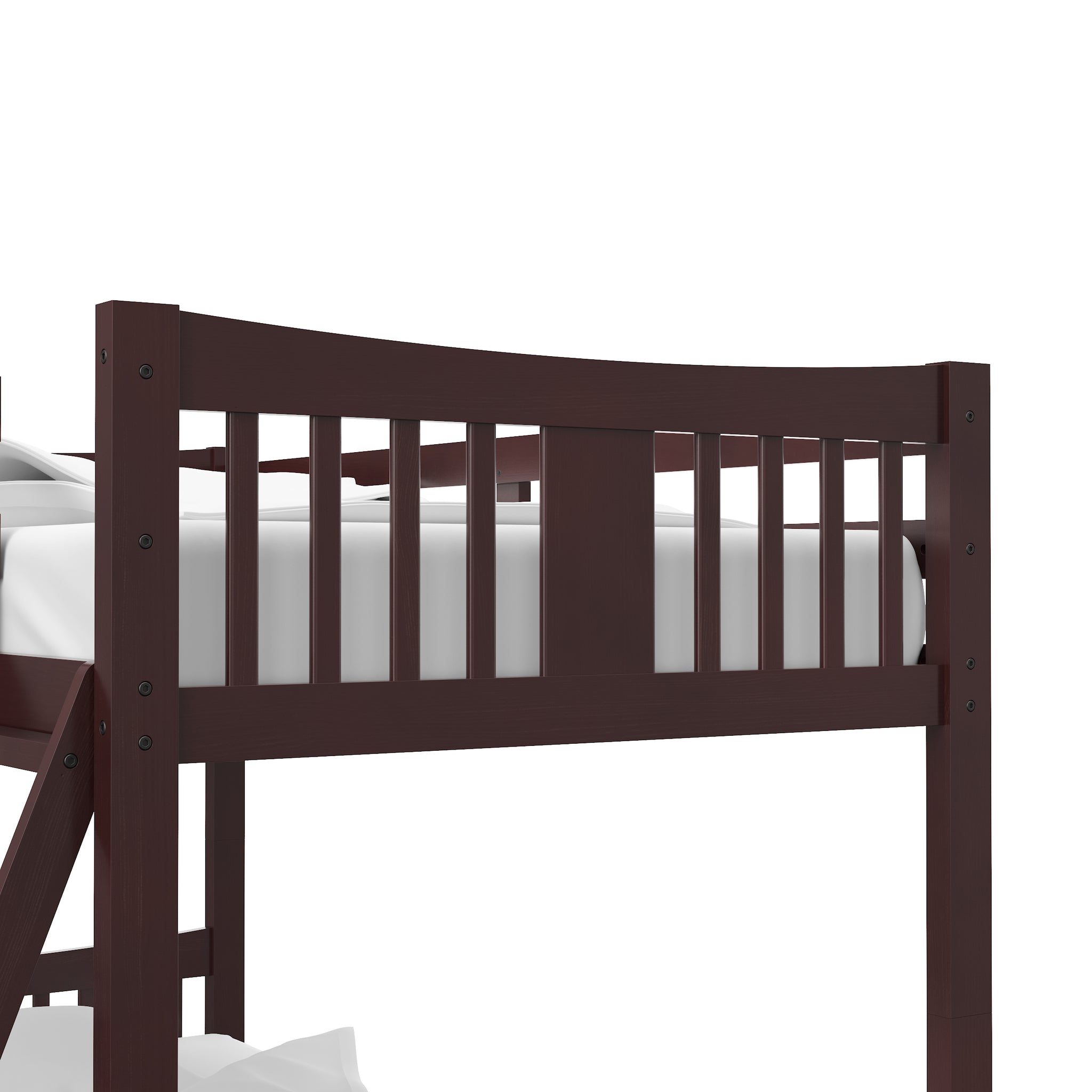 espresso bunk bed with fixed ladder headboard view