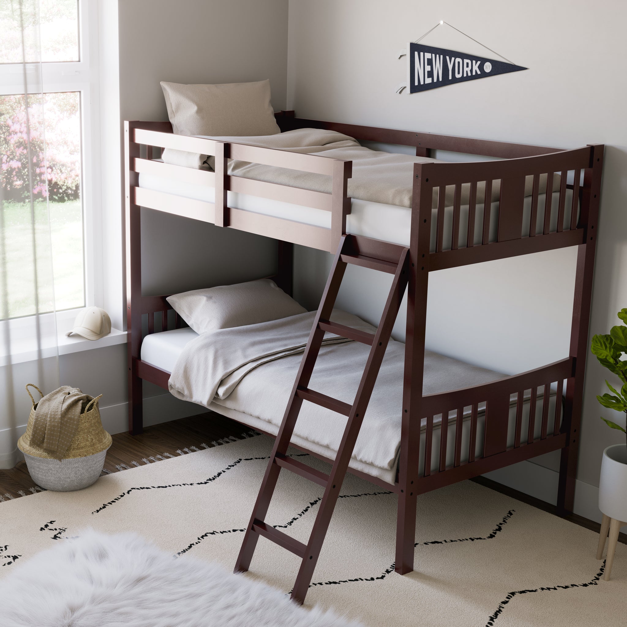 espresso bunk bed with fixed ladder in nursery