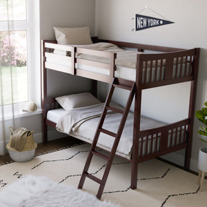 espresso bunk bed with fixed ladder in nursery