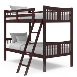 espresso bunk bed with fixed ladder angled with bedding