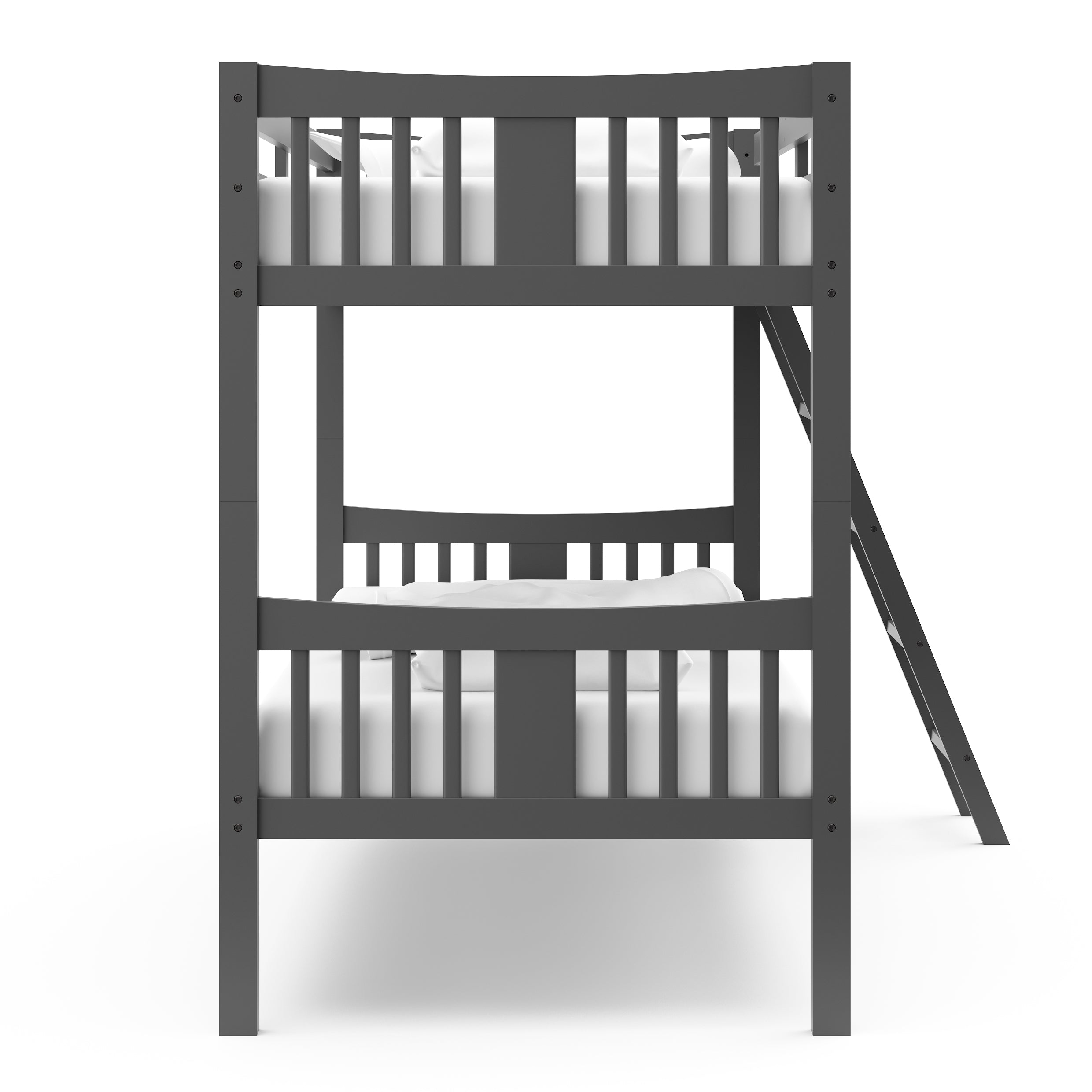gray bunk bed with fixed ladder headboard view