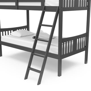 gray bottom bunk bed close up view of fixed ladder