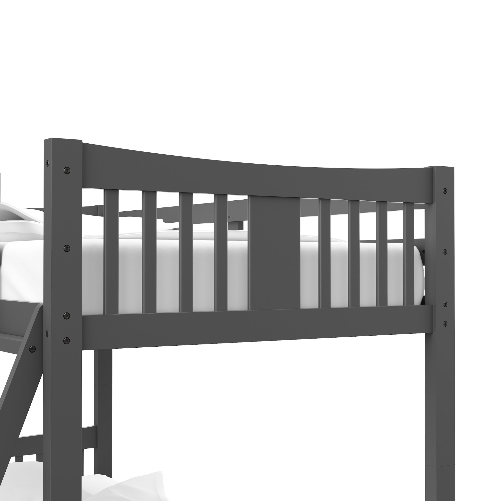 gray top bunk bed footboard view