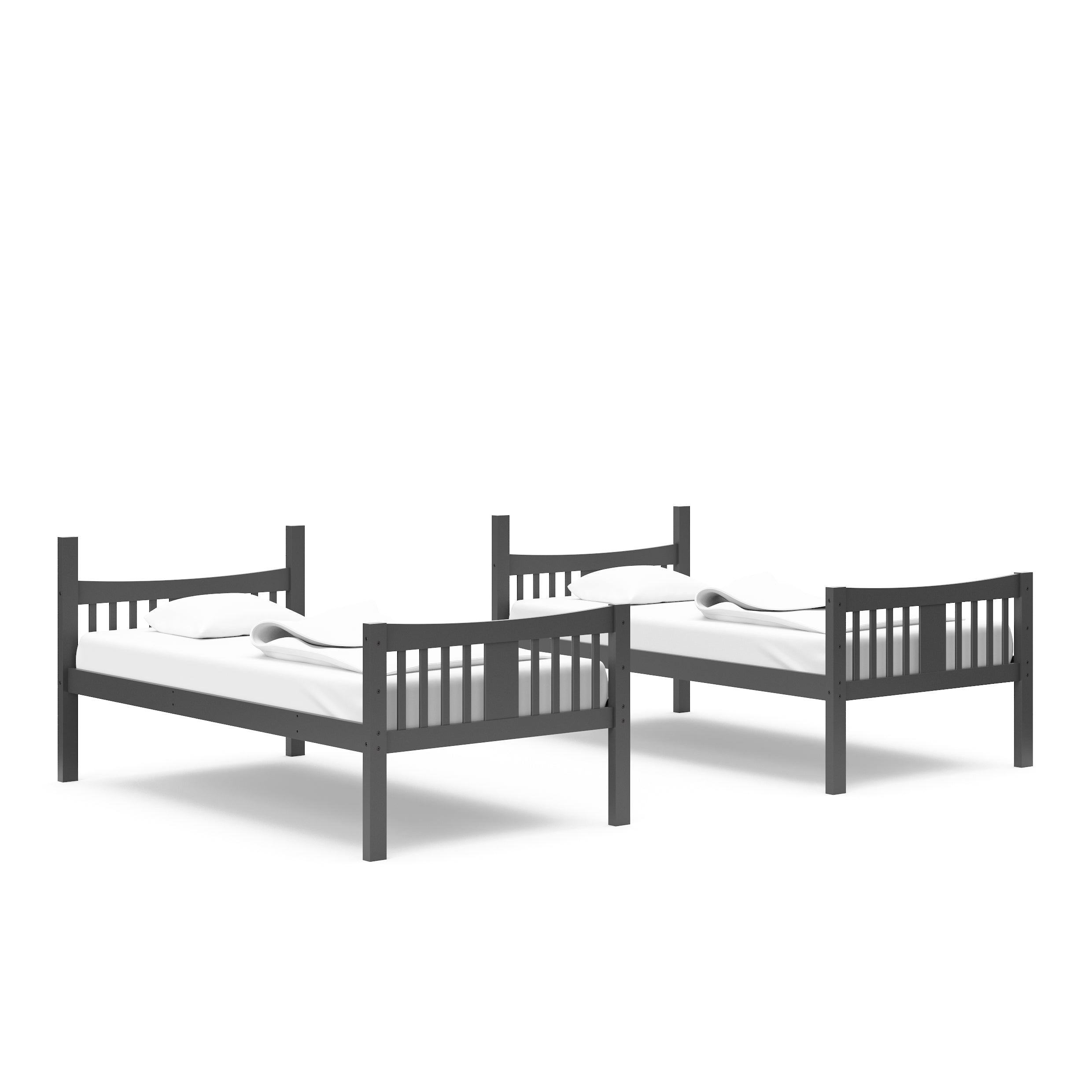 gray bunk bed configured as two separate twin beds