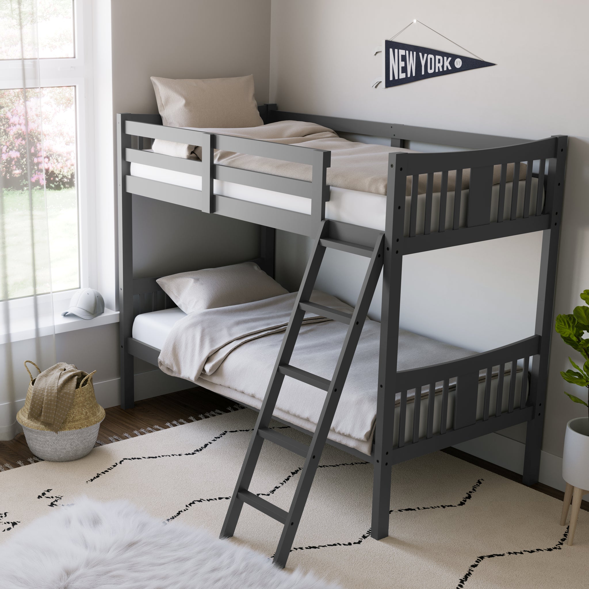 gray bunk bed with fixed ladder side view in nursery