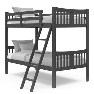 gray bunk bed with fixed ladder angled with bedding