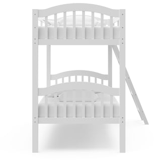 white bunk bed with fixed ladder headboard view