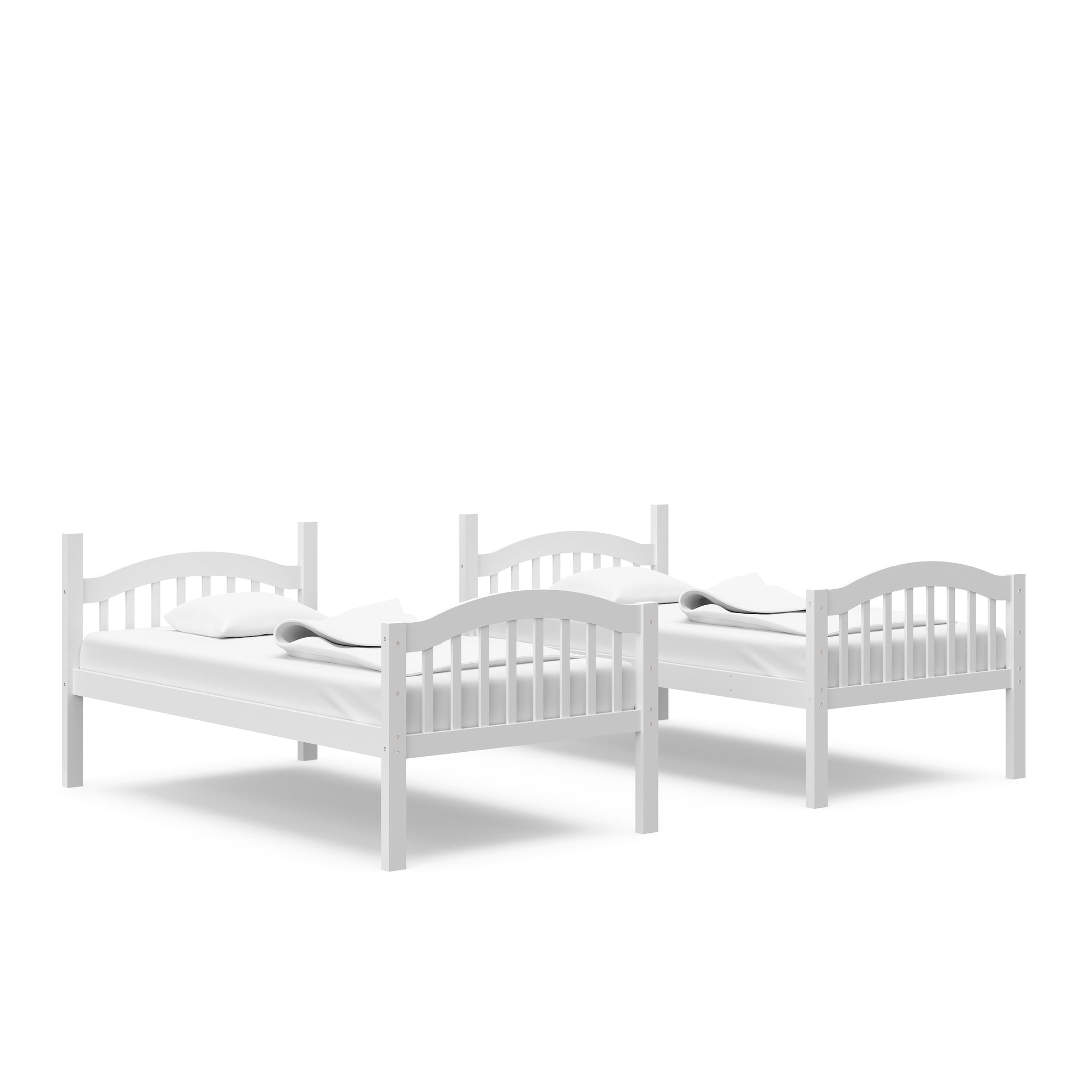white bunk bed configured as two separate twin beds in nursery