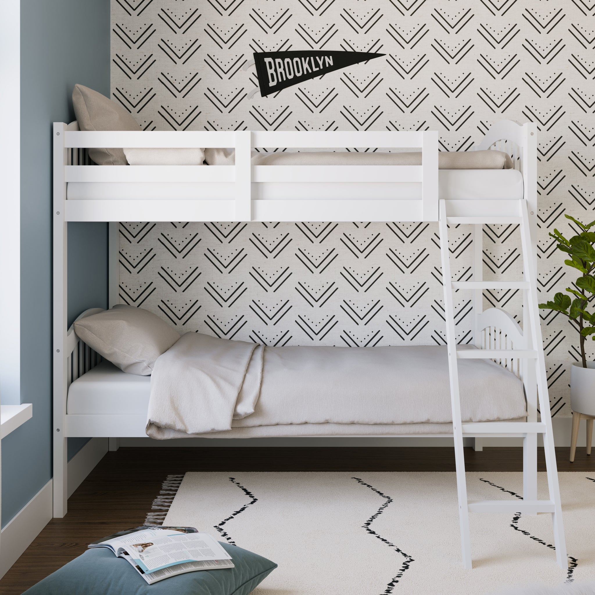 white bunk bed with fixed ladder side view in nursery