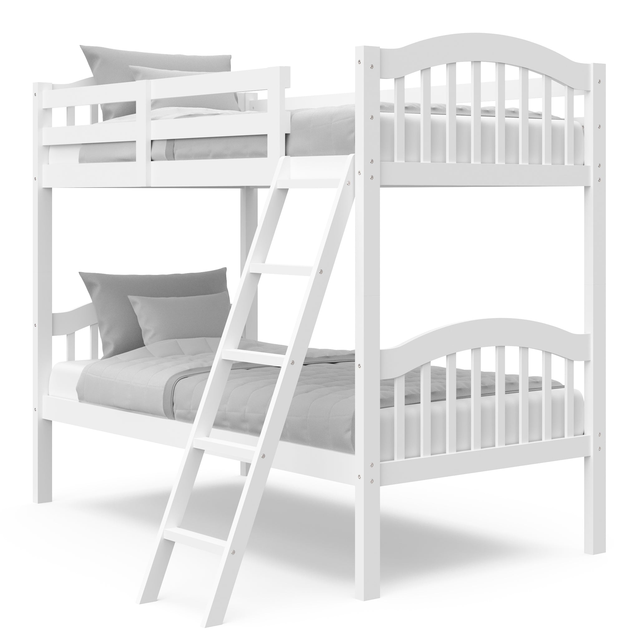 white bunk bed with fixed ladder angled with bedding