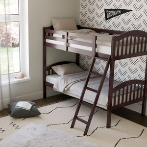 espresso bunk bed with fixed ladder angled in nursery