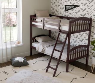 espresso bunk bed with fixed ladder angled in nursery