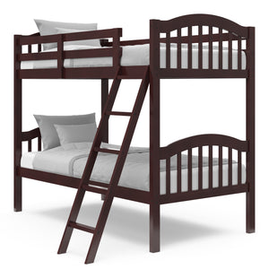 espresso bunk bed with fixed ladder angled with bedding