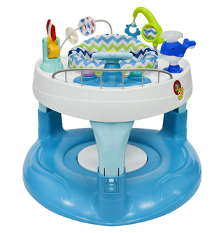 blue activity center with toys in tray