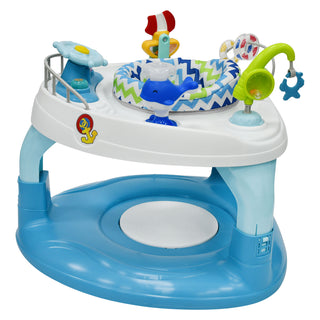 blue activity center with toys in tray