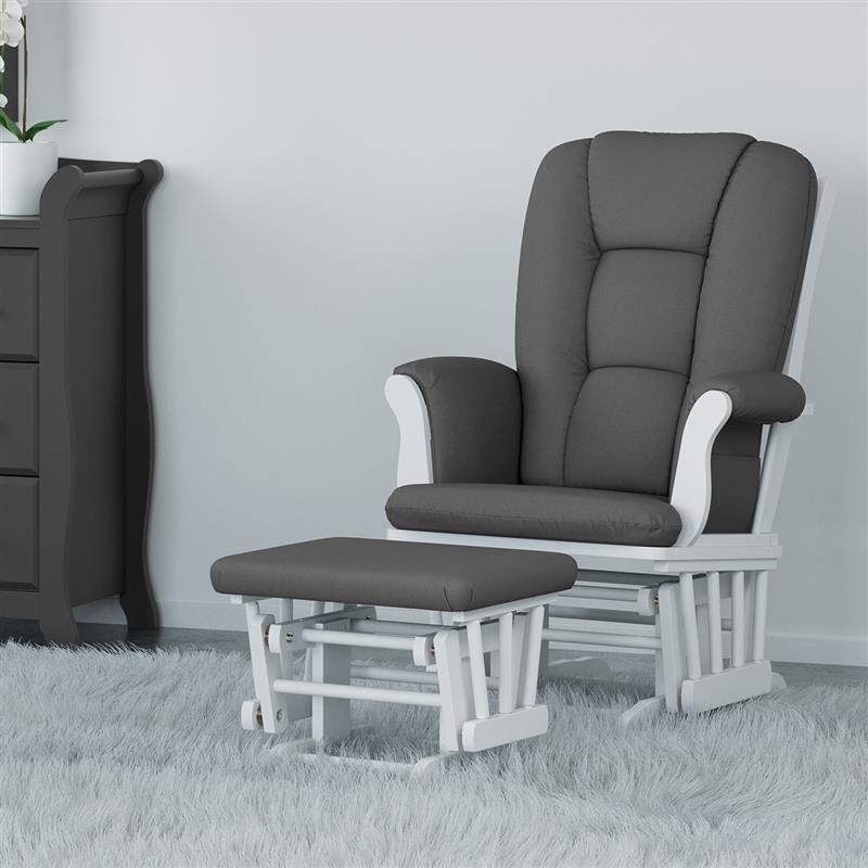 white glider and ottoman with gray cushions in nursery 