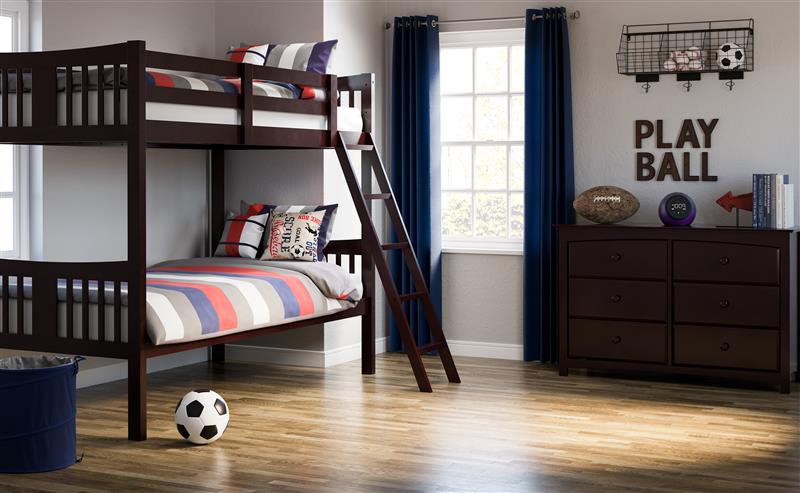 espresso bunk bed with fixed ladder in nursery with 6 drawer chest