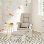 white glider and ottoman with taupe swirl cushions in nursery with 6 drawer dresser 