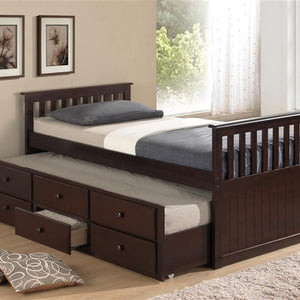 espresso twin size captains bed with open twin trundle and open drawer in nursery