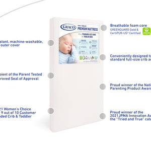 baby mattress graphic with features, certifications and awards