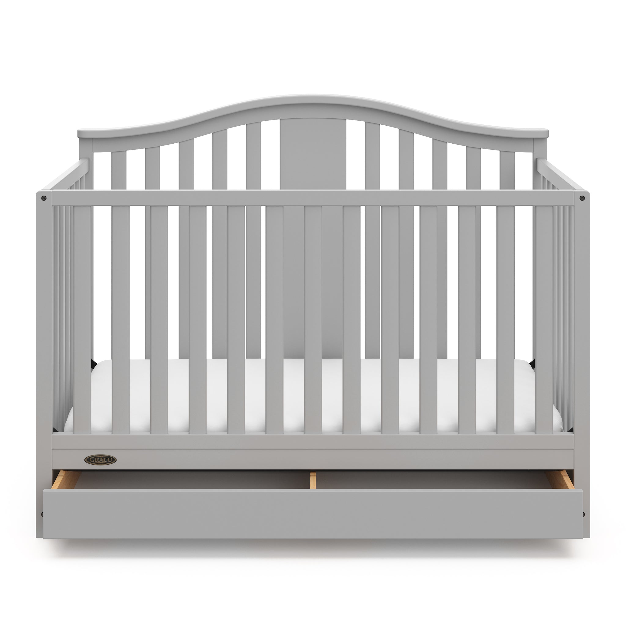 Pebble gray crib with open drawer angled
