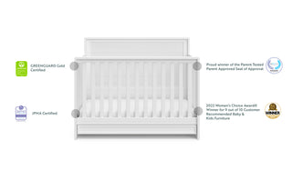 White crib with drawer awards and certificates graphic