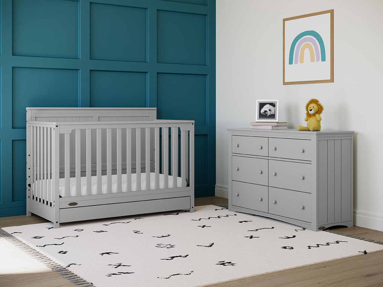 pebble gray crib with drawer in nursery with 6 drawer dresser