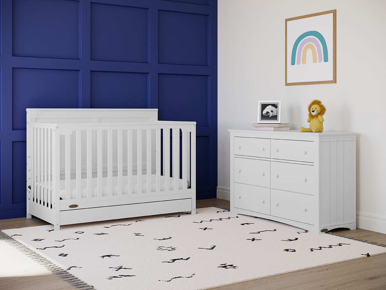 white crib with drawer in nursery with 6 drawer dresser