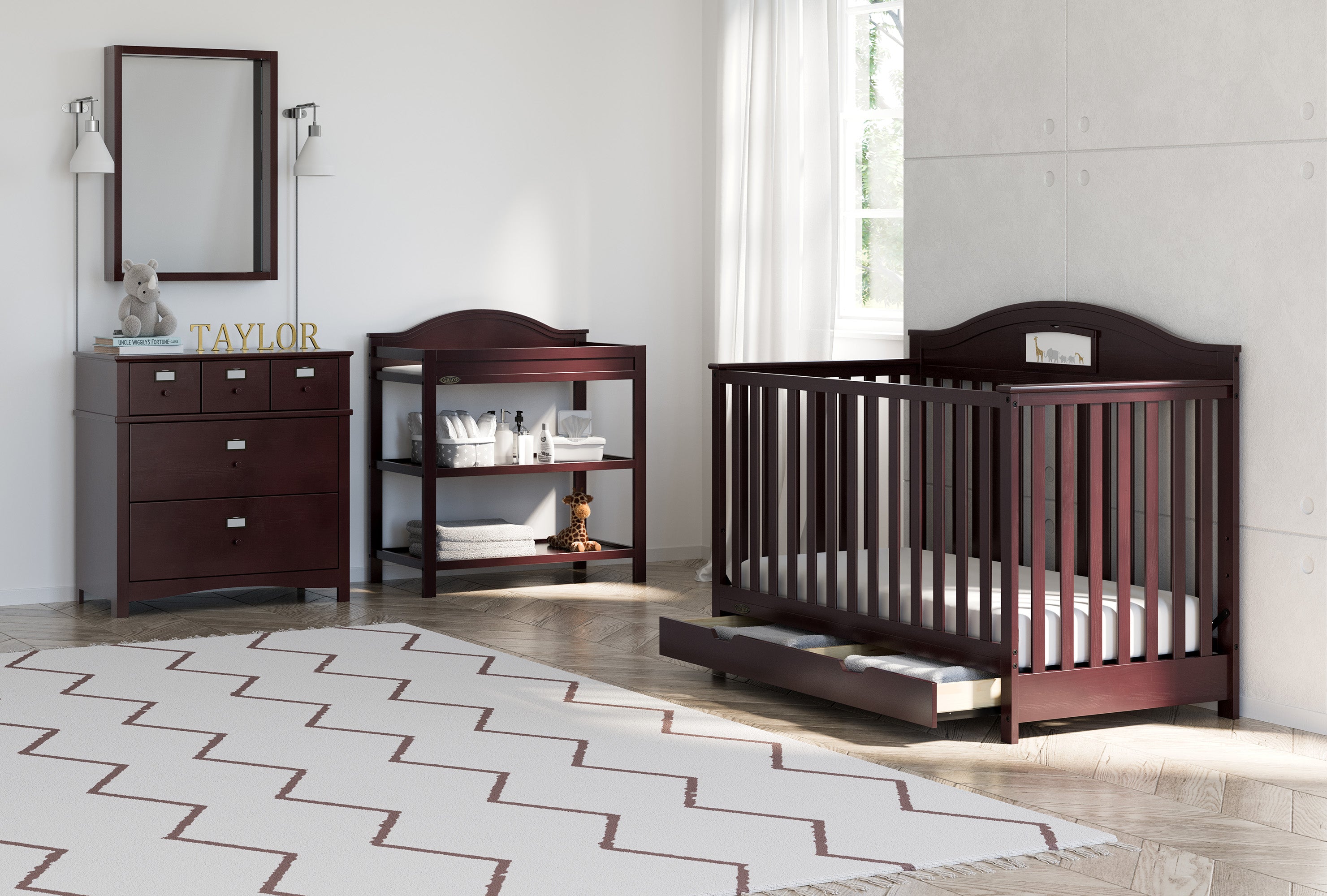 espresso crib with drawer in nursery