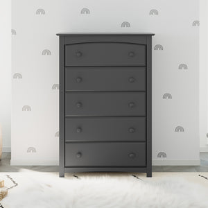 gray 5 drawer dresser in nursery