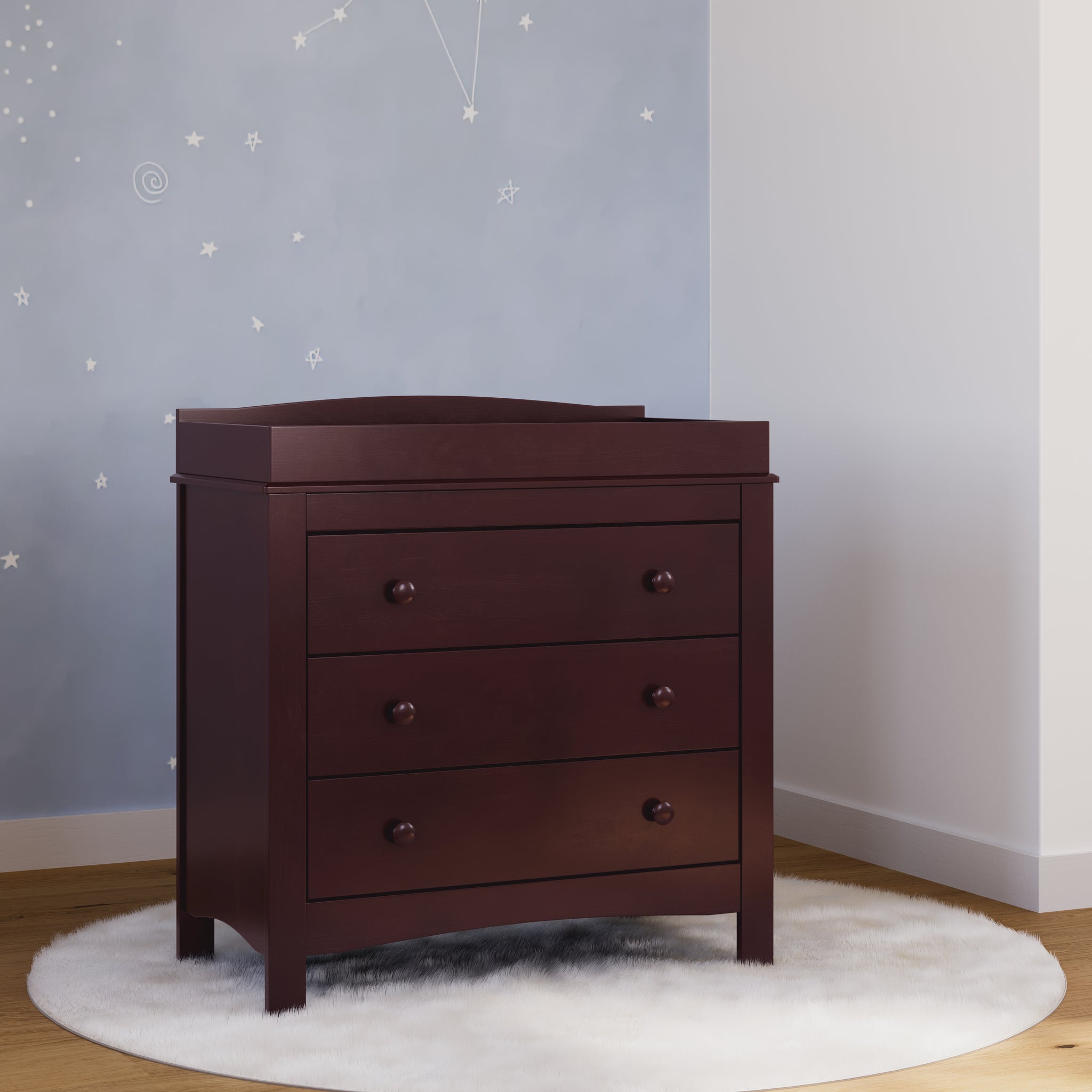 espresso 3 drawer chest with changing topper, in nursery