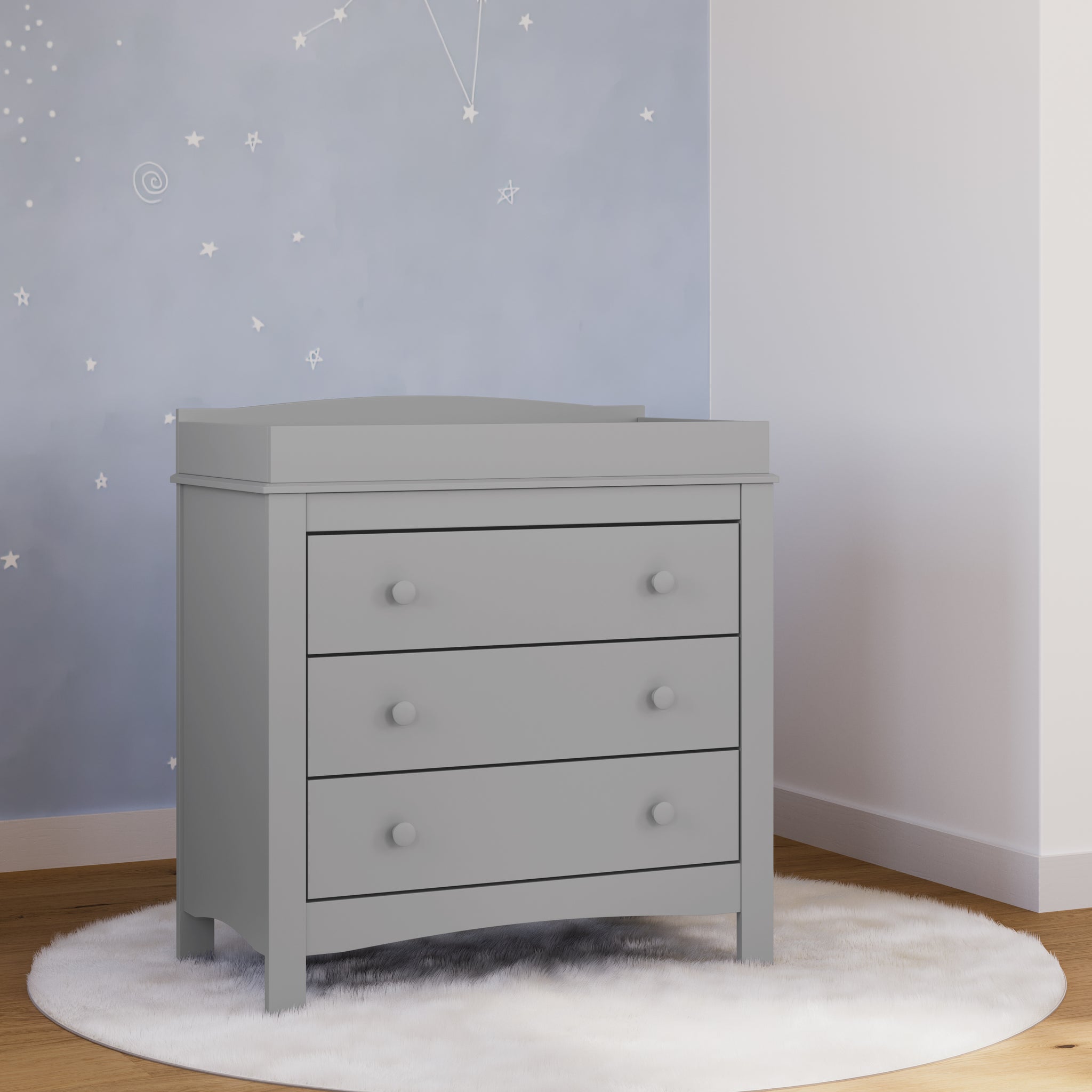 pebble gray 3 drawer chest with changing topper, in nursery