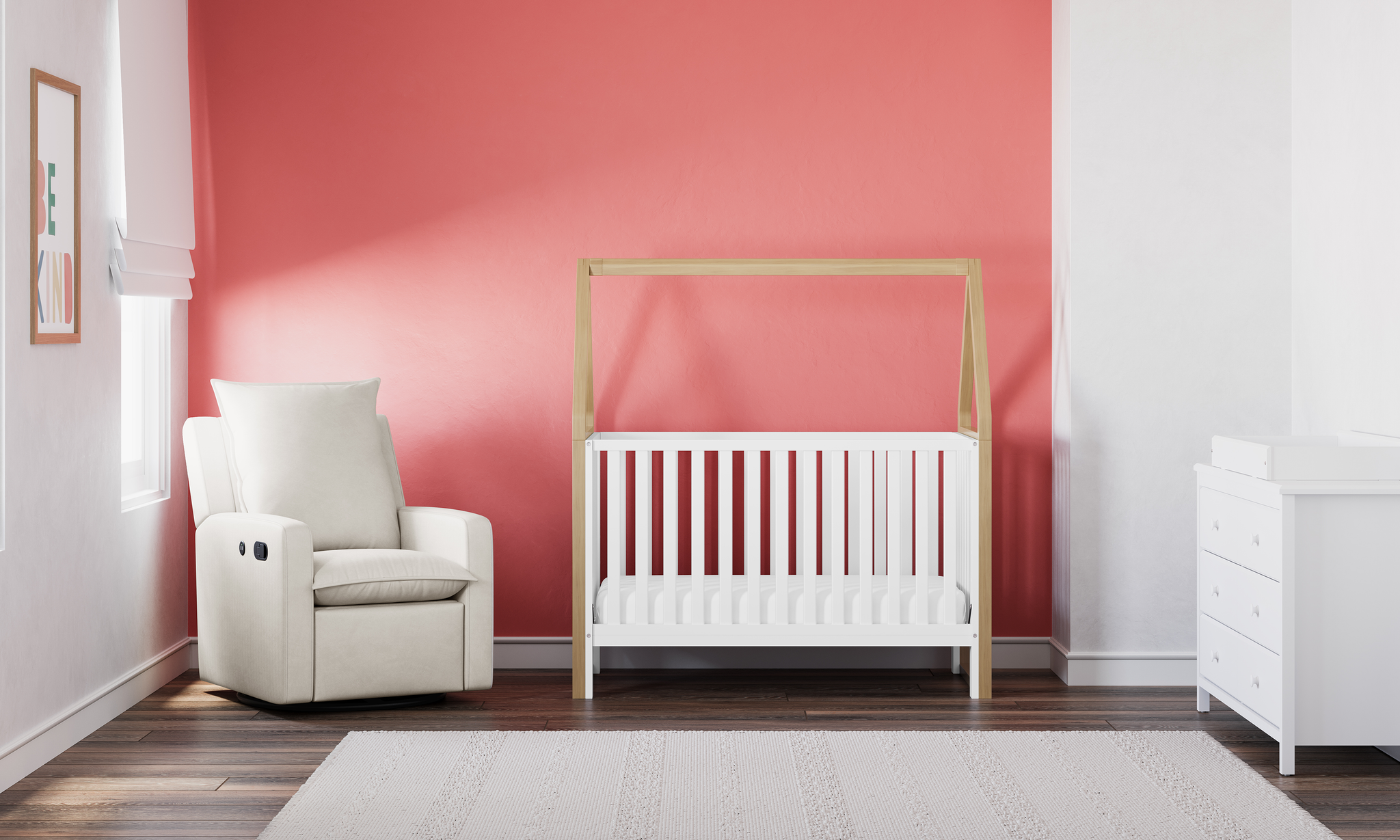 white with driftwood crib in nursery