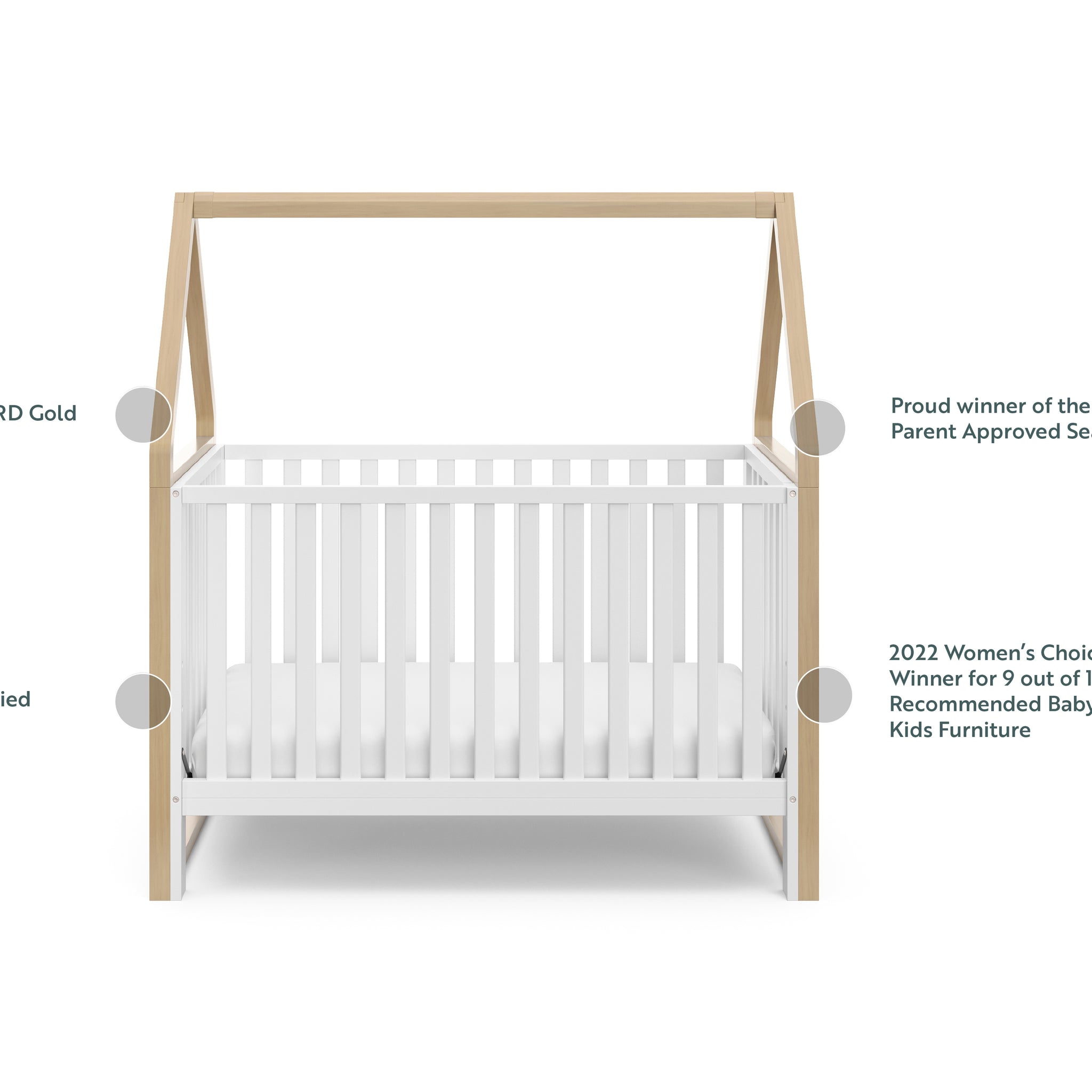 White crib with driftwood with features graphic 
