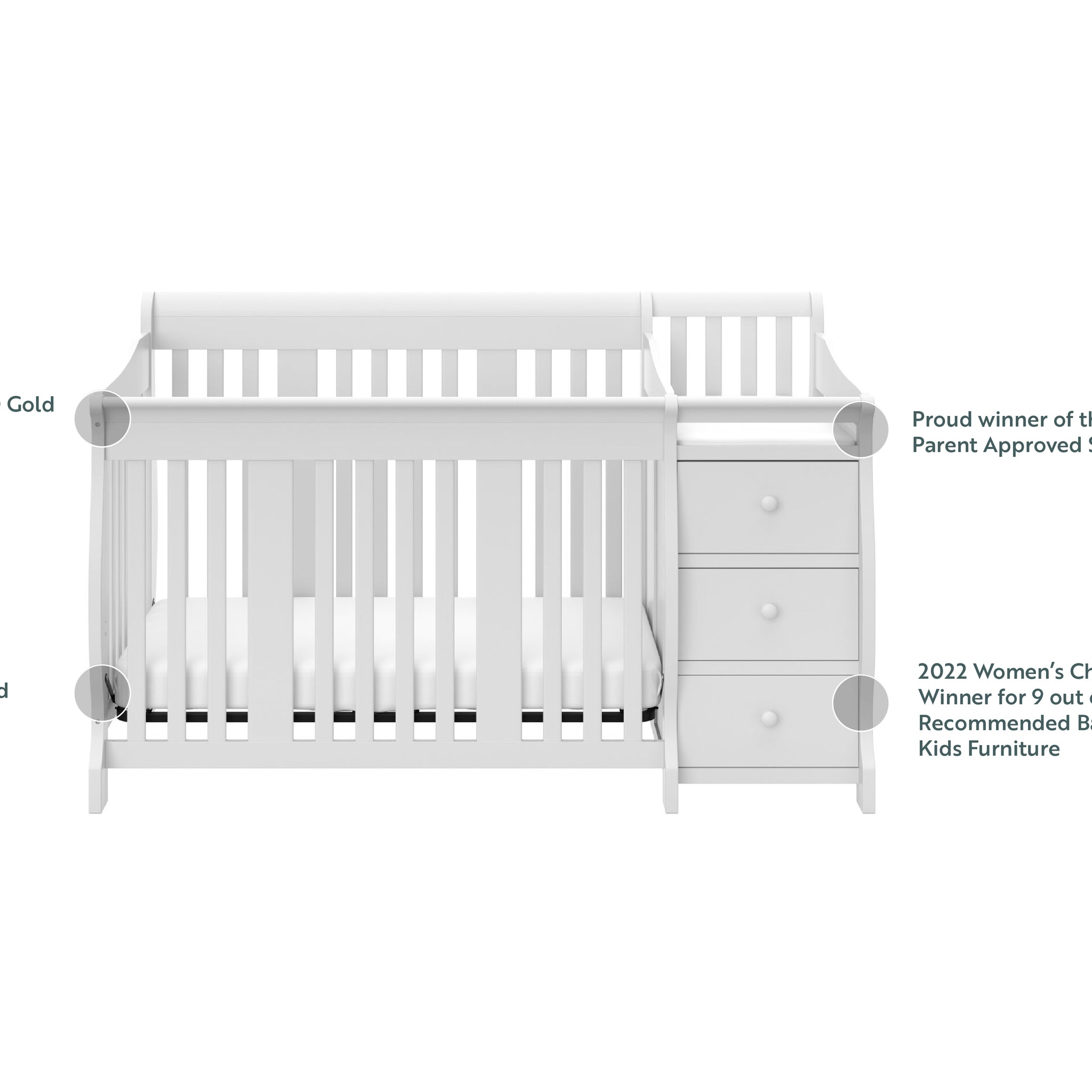 White crib and changer with award graphic 