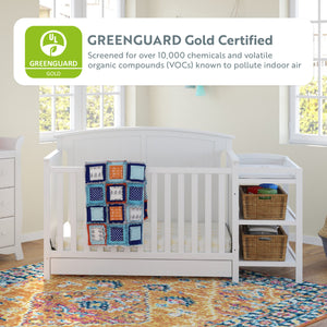 GREENGUARD Gold Certified White crib and changer in nursery 