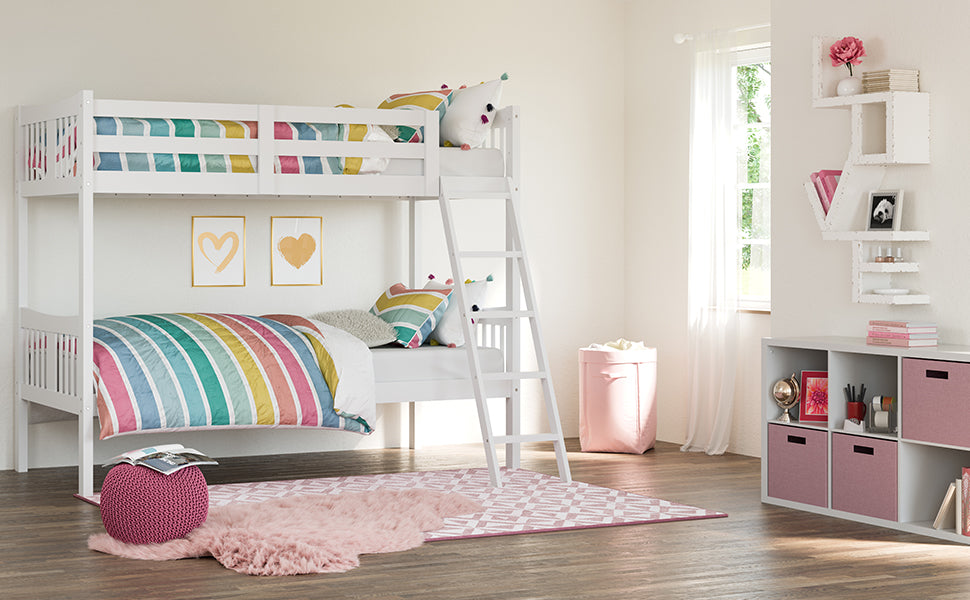 white bunk bed with fixed ladder in nursery