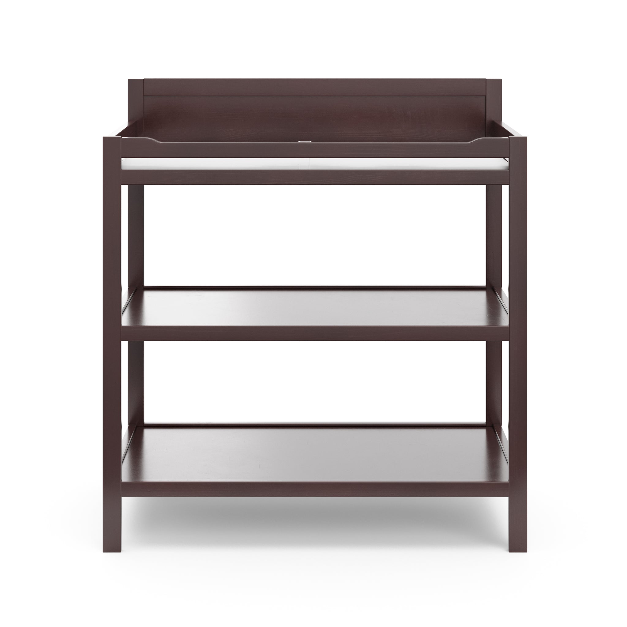 Front view of espresso changing table with two open shelves