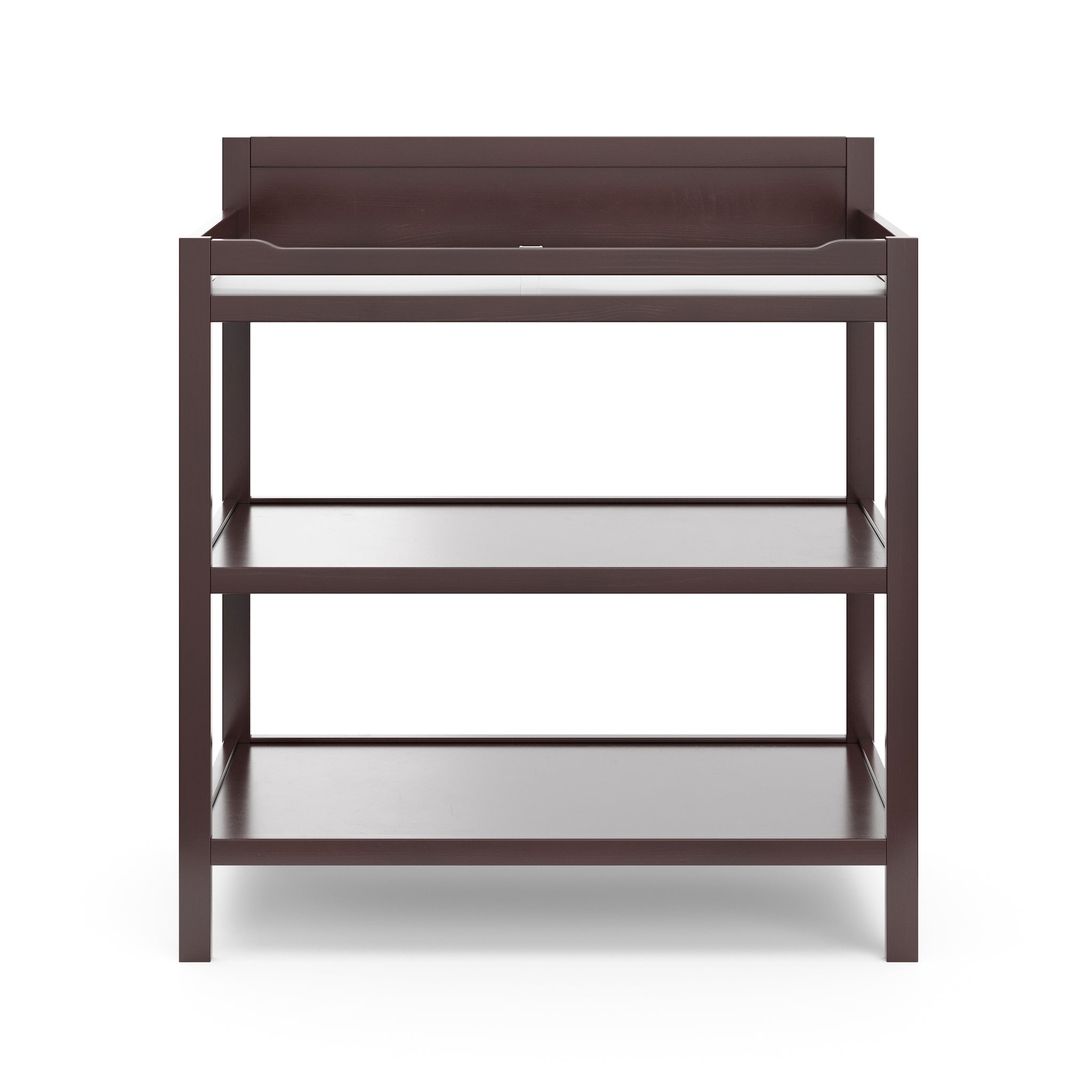 Front view of espresso changing table with two open shelves