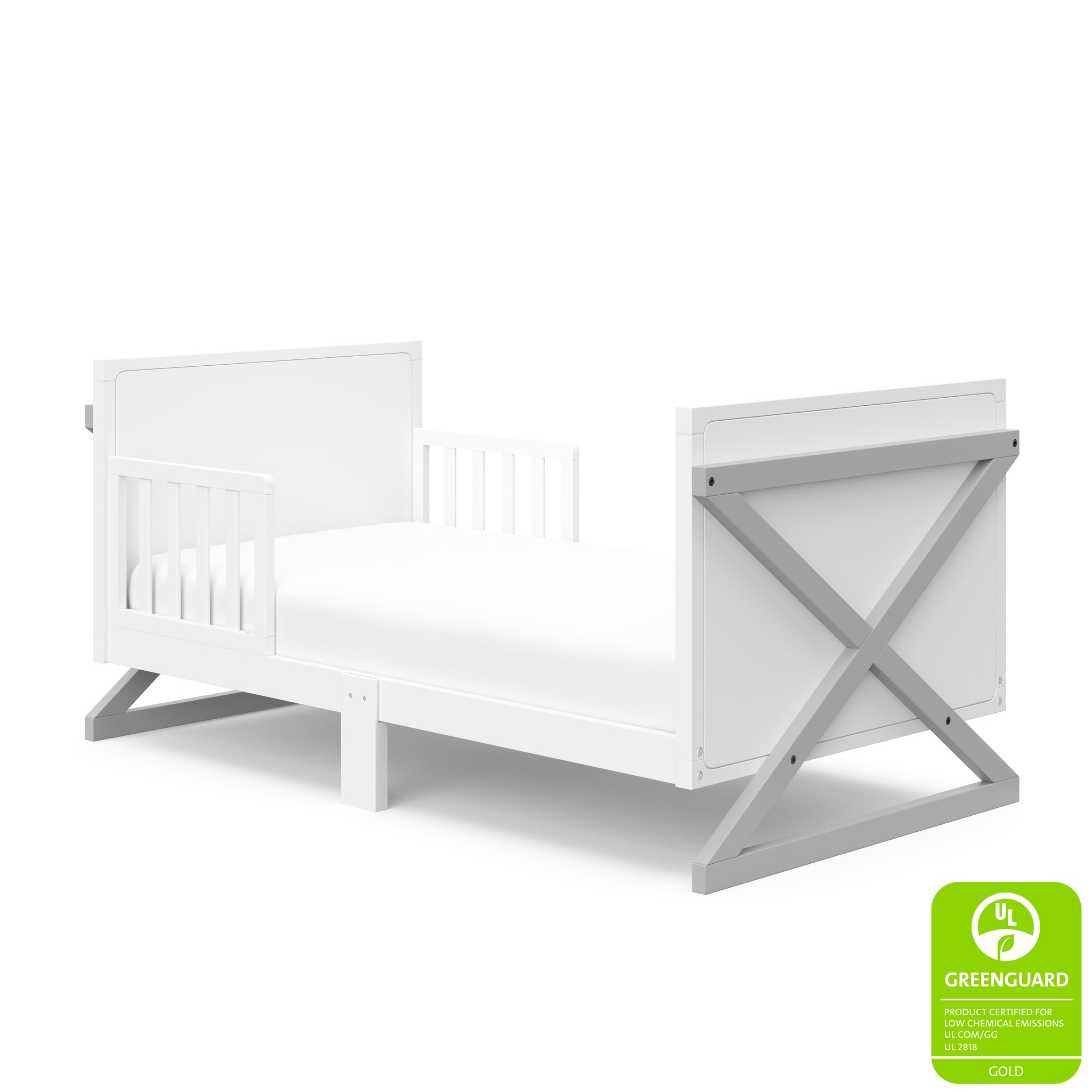 White with Pebble gray toddler bed with guardrails angled with greenguard gold certification