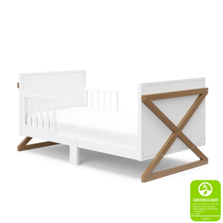 White with vintage driftwood toddler bed with guardrails angled with greenguard gold certification