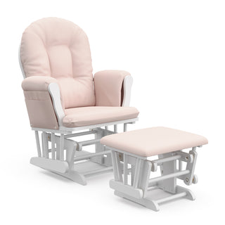 white glider and ottoman with pink cushions angled view