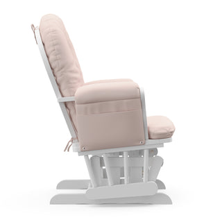 white glider with pink cushions side view