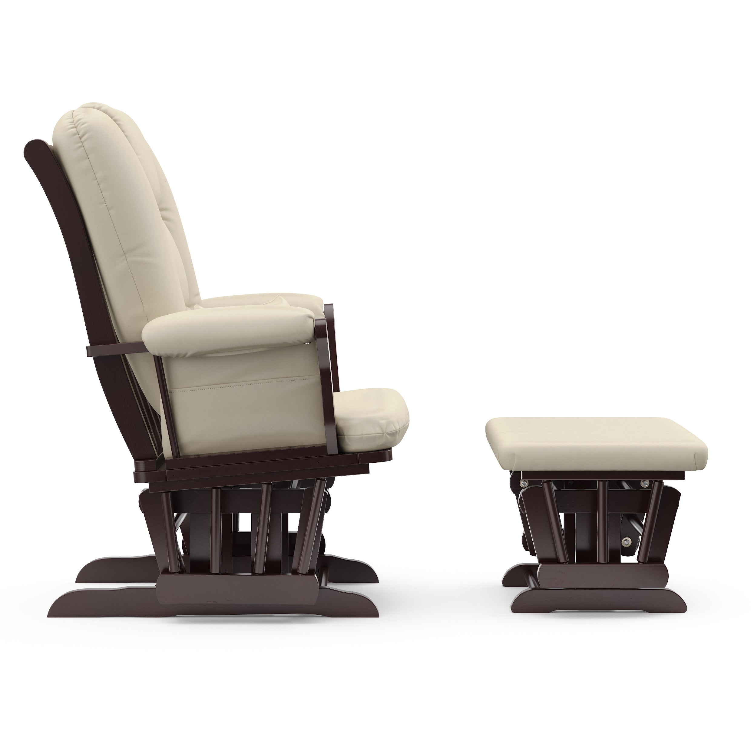 espresso glider and ottoman with beige cushions side view 