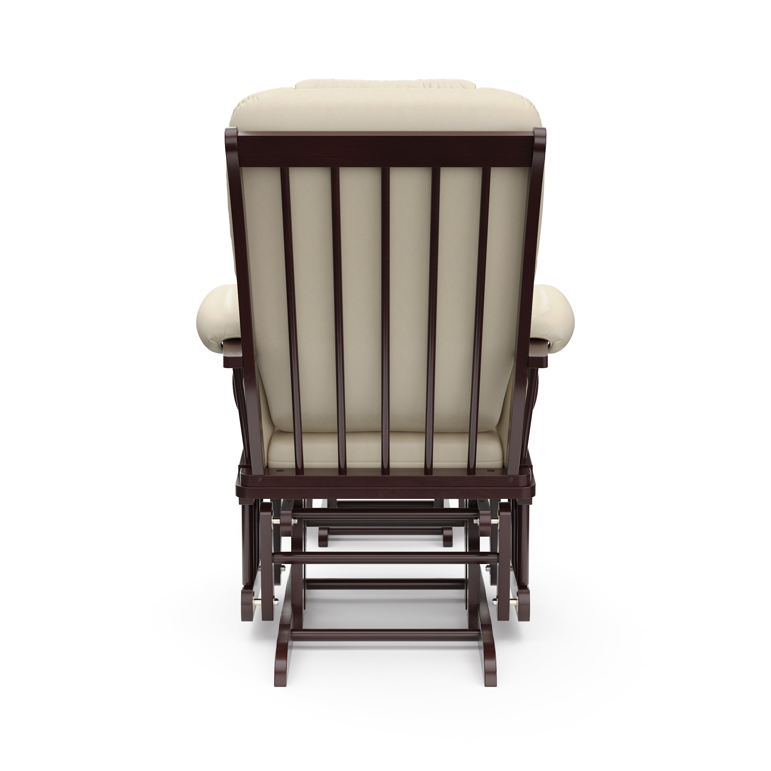espresso glider and ottoman with beige cushions back view 