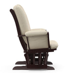 espresso glider with beige cushions side view 