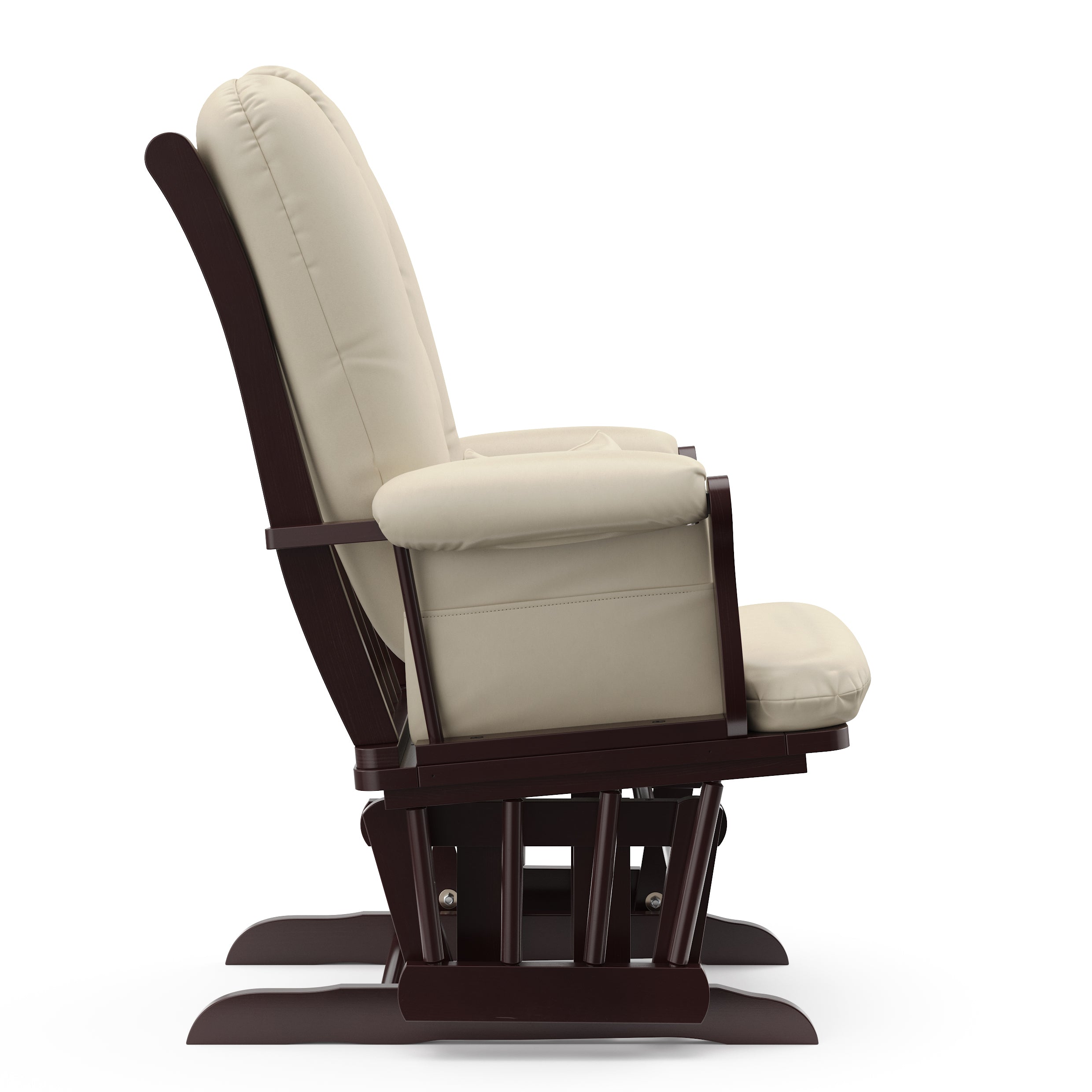 espresso glider with beige cushions side view 