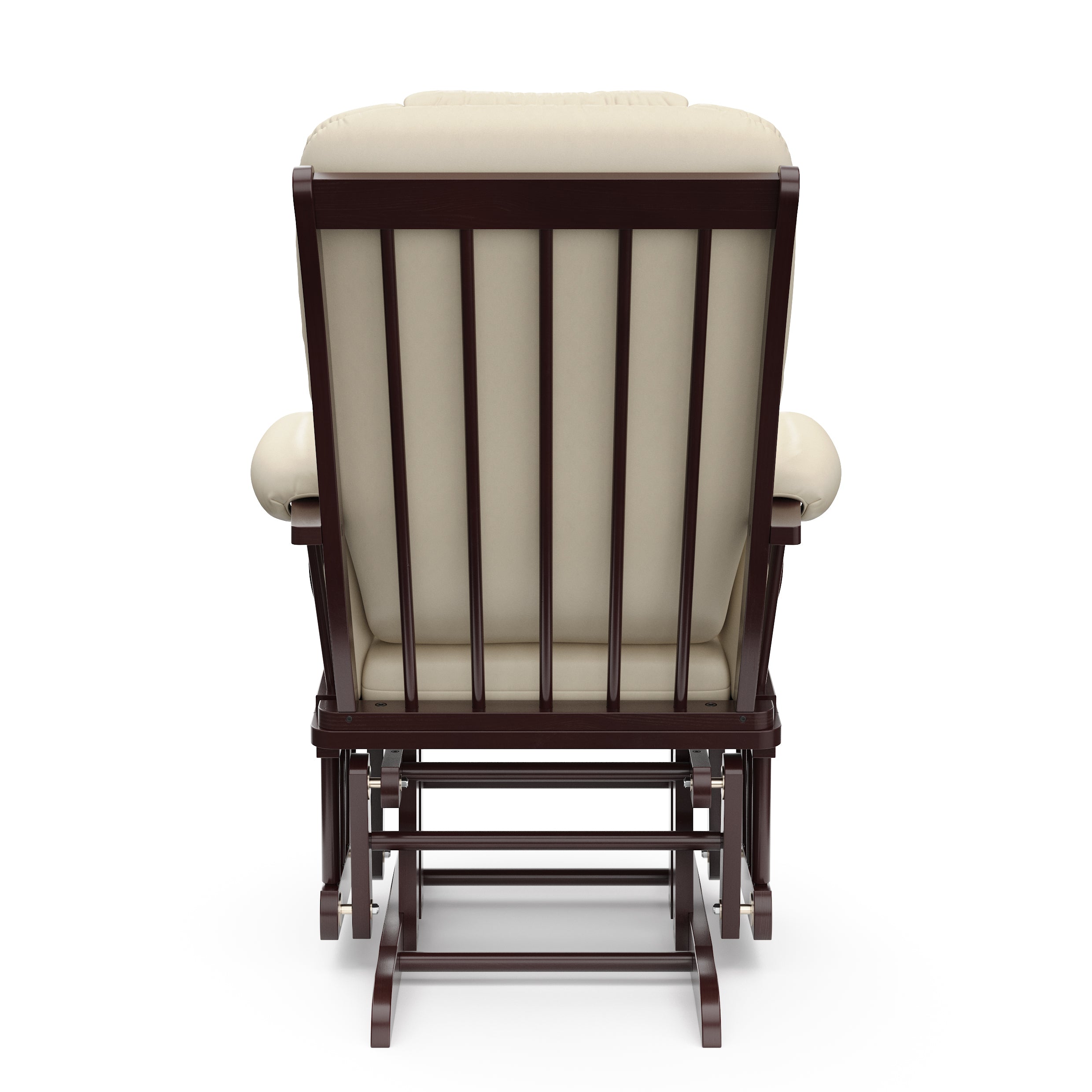 espresso glider with beige cushions back view 