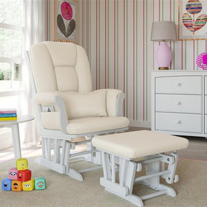 white glider and ottoman with beige cushions in nursery with 6 drawer dresser 