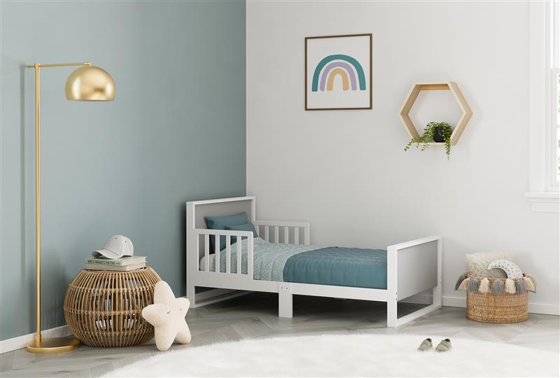 White with pebble gray toddler bed in nursery 